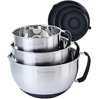 Rorence Stainless Steel Non-Slip Mixing Bowls With Pour Spout, Handle and Lid, Set of 3, Black