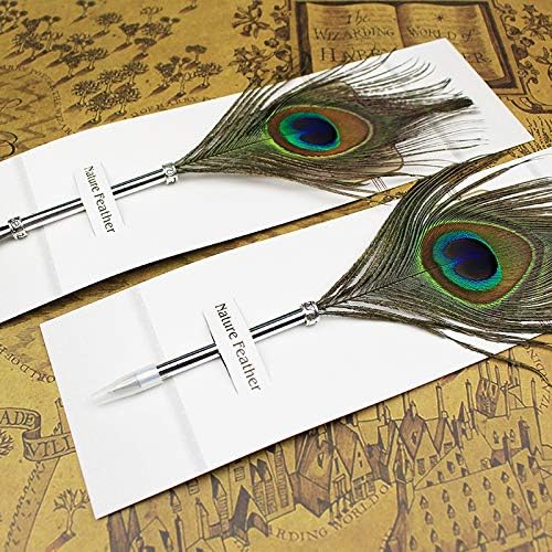 OPENDGO Peacock Feather Ballpoint Pen,Black Ink Vintage Feather Quill Refined Plated Rod Quill Ballpoint Pen For School Writing ▏Wedding Gift Signature Pen (1*Peacock Feather Pen) - Image 3