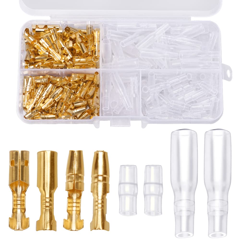 YIXISI 200 PCS 3.9mm Brass Male and Female Bullet Terminals Wire Connector Block with Male Female Insulation Covers, for Motorcycle Car Truck Scooter Boats Electric Instruments, Golden — image 1