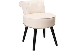 MUPATER Makeup Vanity Stool Chair with Low Back, Round Leather Padded Chair with Wood Legs, White