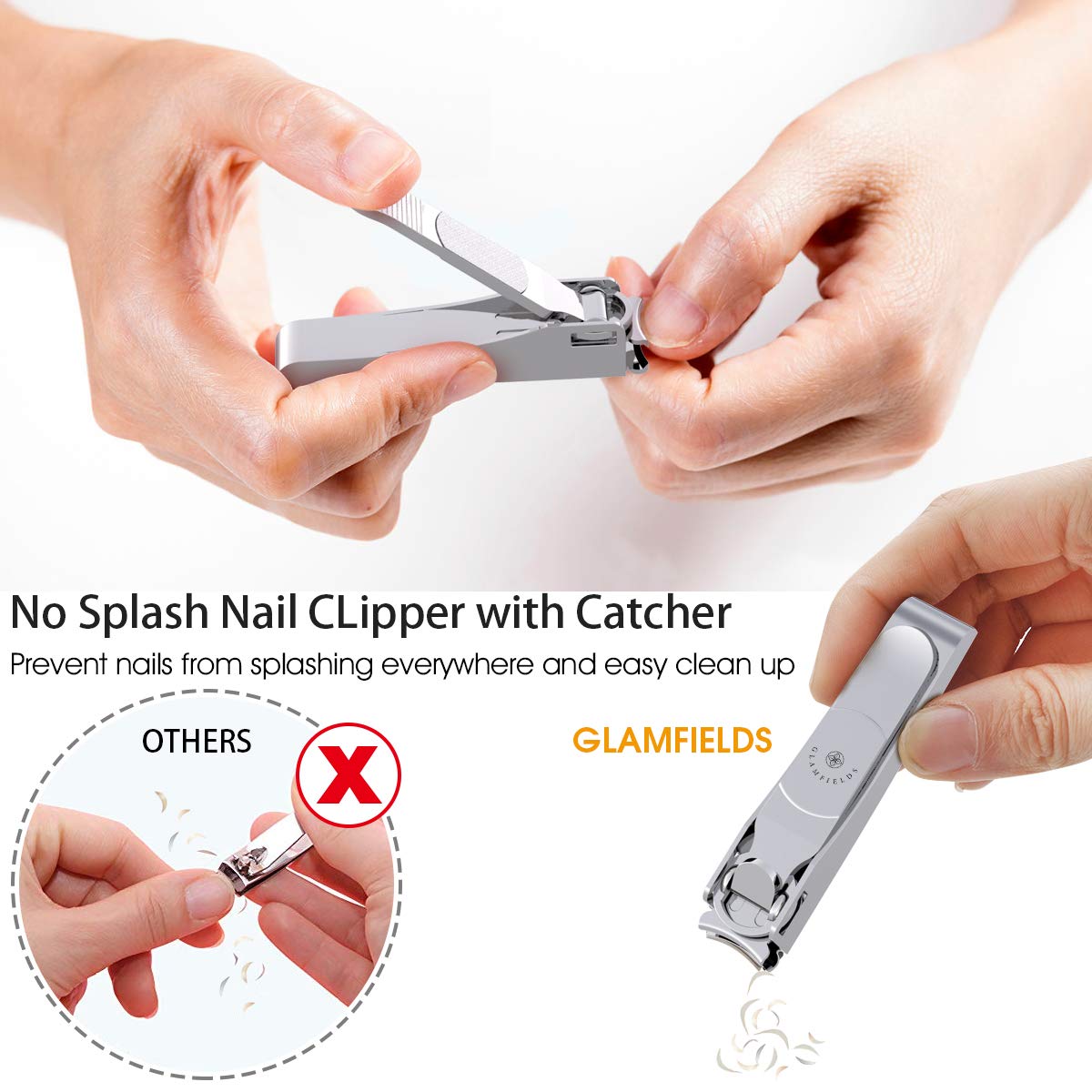 GLAMFIELDS Nail Clipper with Catcher, No Splash Fingernail Toenail Clipper Stainless Steel Nail Cutter Nail Trimmer for Men and Women, Packed with Leather Pouch, Silver: Beauty