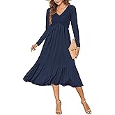 AUSELILY Women's Fall Empire Waist Dress 2025 Smocked Flutter Long Sleeve V Neck Flowy Tiered Midi Long Dresses