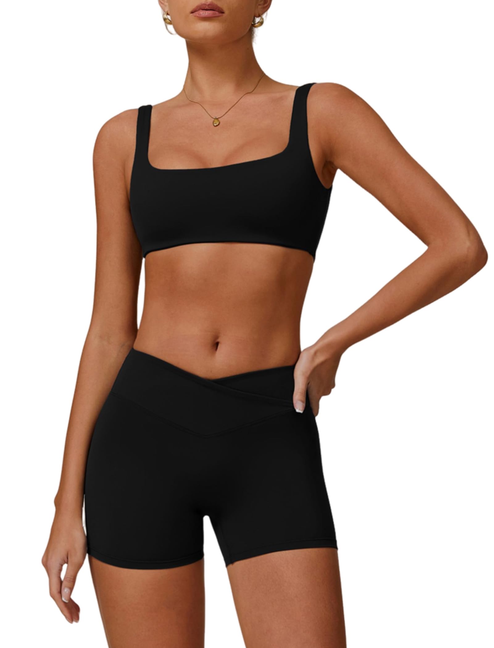 Photo 1 of **ONLY BOTTOMS**Two Piece Workout Sets for Women Square Neck U Backless Crop Sports Bra Matching High Waist Booty Lifting Biker Shorts 2 Piece Gym Yoga Active Wear Outfits Womens Athletic Work Out Black S