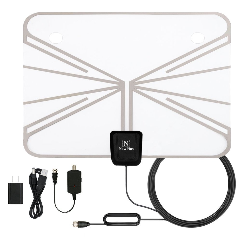 Indoor TV Antenna, NewPlus Transparent Amplified HDTV Antenna 50 Mile Range with Detachable Amplifier Signal Booster, USB PowerSupply, 16.5FT High Performance Coax Cable - Better Reception