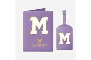 JOYRNALK Passport Holder for Travel Women Initial M Passport Cover Passport Wallet Passport Case Travel Essentials Leather Passport Holder and Luggage Tags Set With Chenille Letter Patch for Travel Purple M