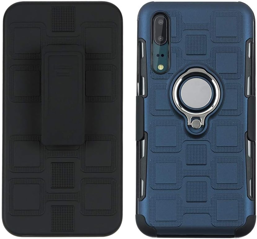 Lantier High Impact Three Layer Hybrid Full Shockproof Armor Rugged Holster Protection Case with Kickstand Magnet 360 Degree Rotating Ring Belt Swivel Clip for Samsung Galaxy A7 2018 A750 Dark Blue