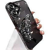 Changjia for iPhone 16 Glitter 3D Butterfly Case,Cute Luxury Bling Sparkle Liquid Flowing Case with Camera Lens Protector TPU Plating Bumper Clear Shockproof Women Girls Cover for iPhone 16 6.1",Black