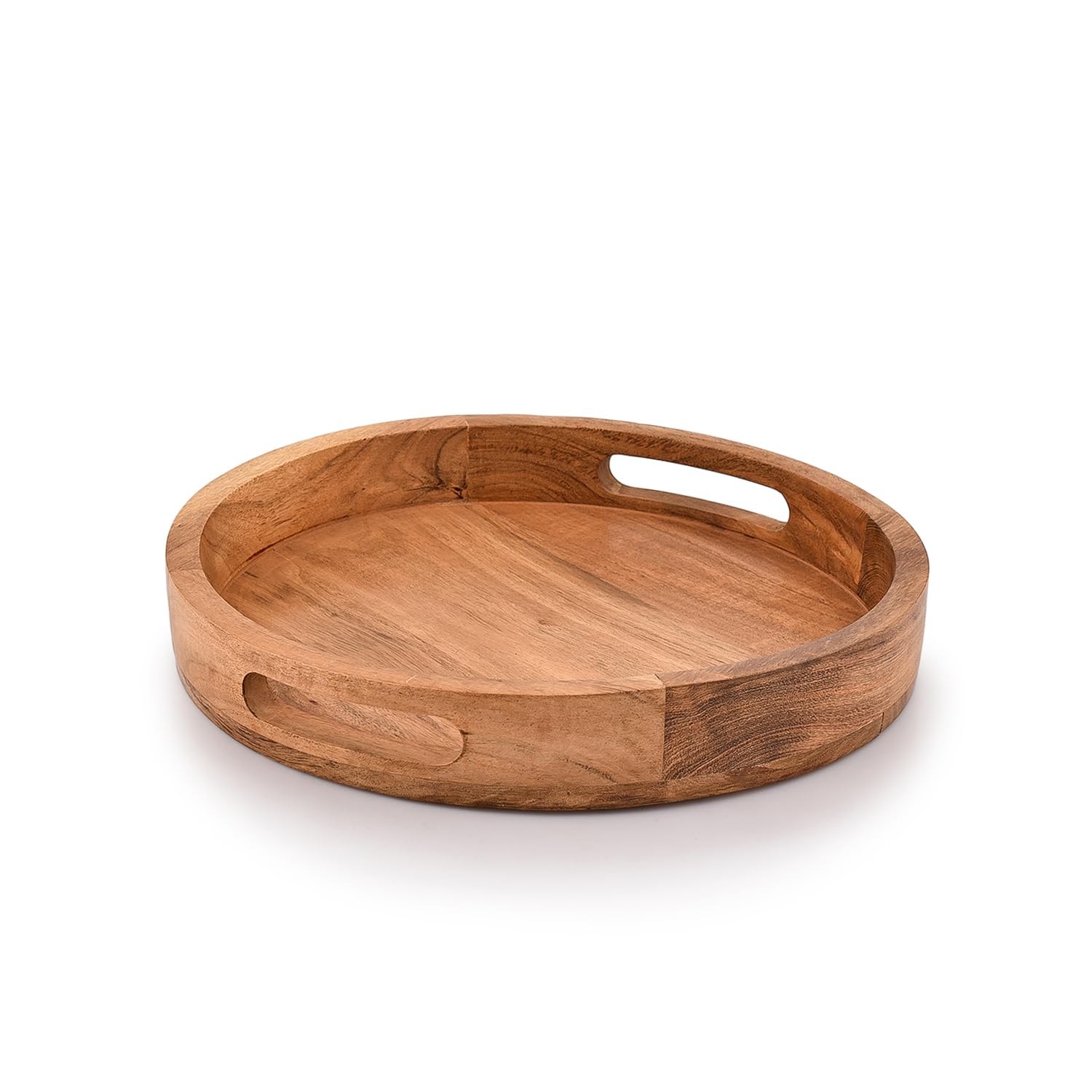 Samhita Round Serving Acacia Wooden Tray with Handles for Serving Beverages & Food on Bar Living Room Home Dining Table (12