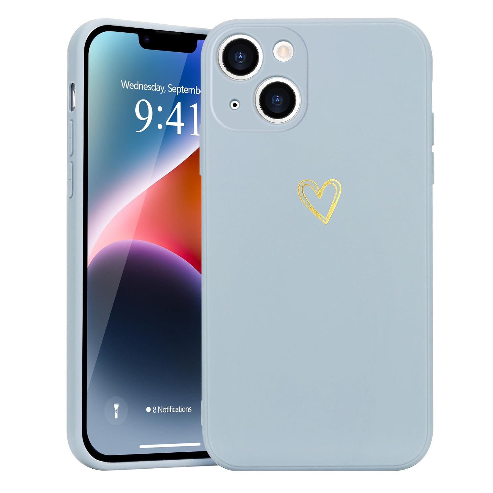 Wirvyuer for iPhone 14 Case with Cute Heart Pattern Soft Shockproof Protective Silicone Phone Case for Women Girls, Light Blue — image 1