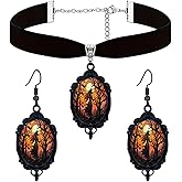 Dreuyet Gothic Witch Cameo Jewelry Set Vintage Crystal Glass Witch Black Goth Mystic Victorian Earrings and Velvet Necklace Punk Halloween Jewelry