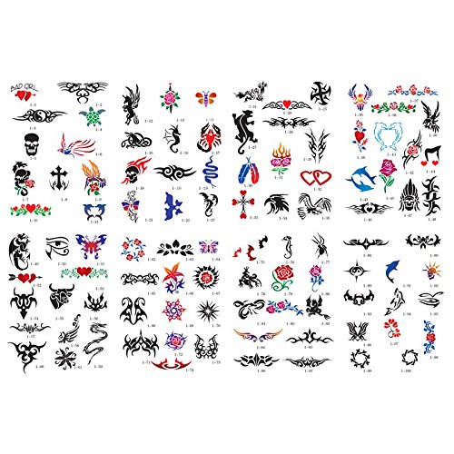 Master Airbrush Brand Airbrush Tattoo Stencils Set Book #1 Reuseable Tattoo Template Set, Book Contains 100 Unique Stencil Designs, All Patterns Come on High Quality Vinyl Sheets with a Self Adhesive Backing.