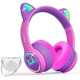 IFECCO Wireless Kids Headphones with Microphone,Foldable Cute Light Up Cat Ear Children Girls Bluetooth Headphones with Case for School Gifts Travel
