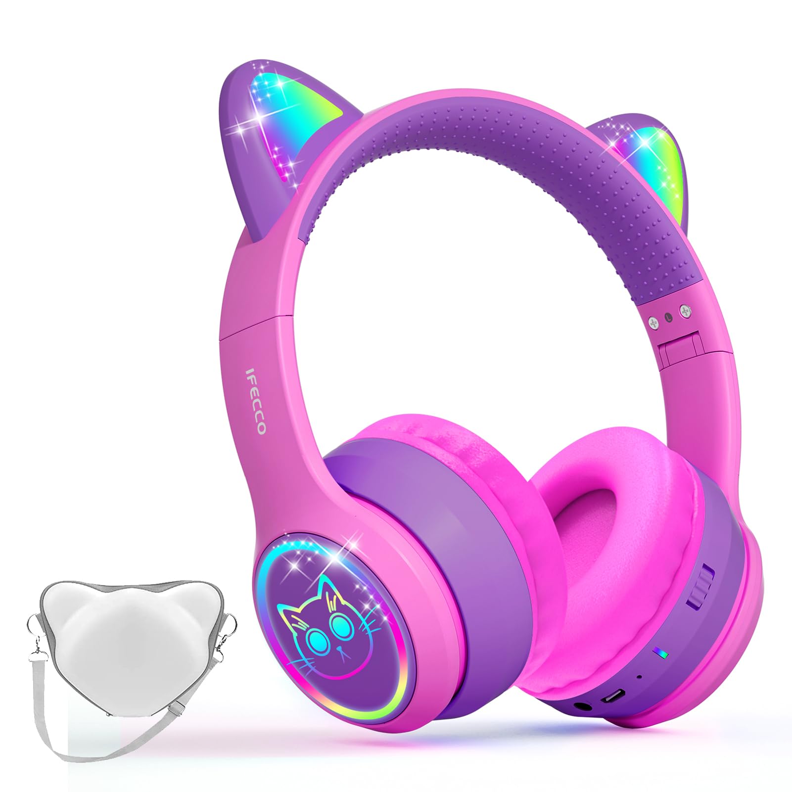 Photo 1 of IFECCO Wireless Kids Headphones with Microphone,Foldable Cute Light Up Cat Ear Children Girls Bluetooth Headphones with Case for School Gifts Travel