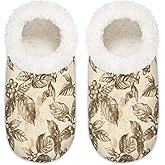 HMVFSZE Vintage Coffee Bean Leaves Slipper for Women Indoor Non-Slip Slipper Socks Warm Comfy Soft Home Slippers Bedroom Fuzzy Plush Lined House Shoes Socks, M