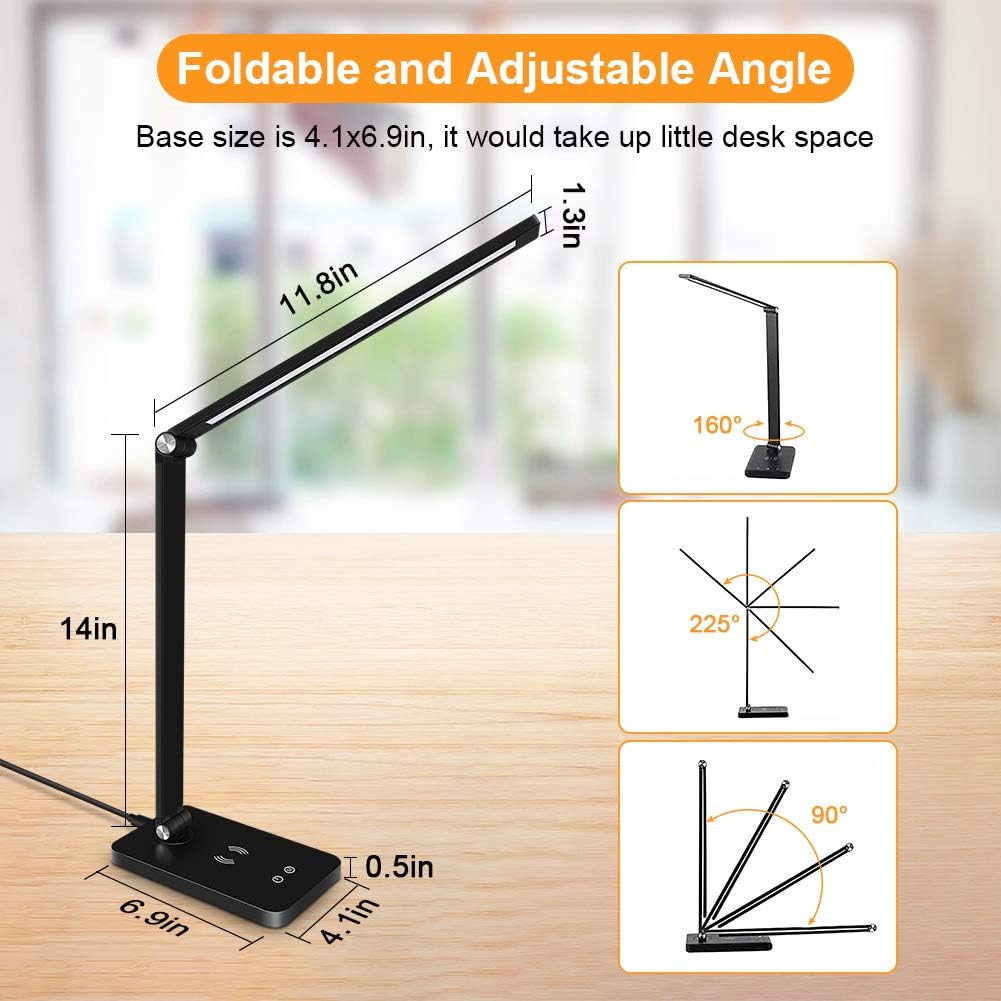 LED Desk Lamp, Desk lamp with Wireless Charger, USB Charging Port, Eye-Caring Desk Lamps for Home Office, 5 Lighting Modes and 3 Brightness Levels, Touch Table Lamp for Study, Work, Reading Light - - 