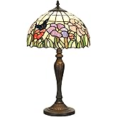 HomeBeauty TL0001 Tiffany Table Lamp Bedside Stained Glass Lamp Flowers Butterfly Design Reading Desk Light 12X21.5 Inches fo