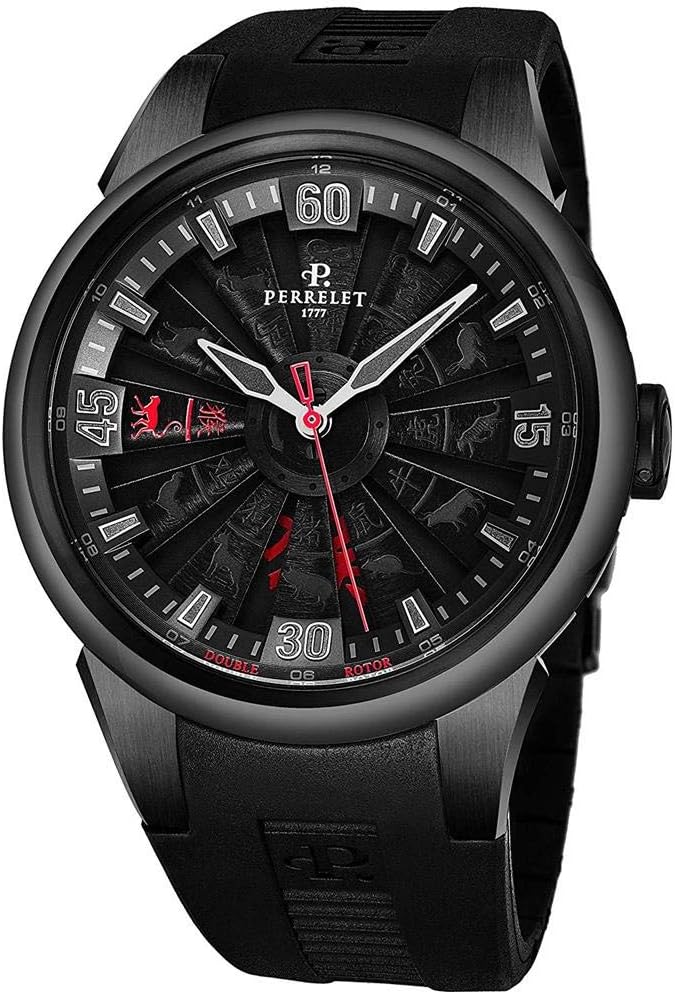 Perrelet Men's 44mm Black Rubber Band Steel Case Automatic Watch A1097-1