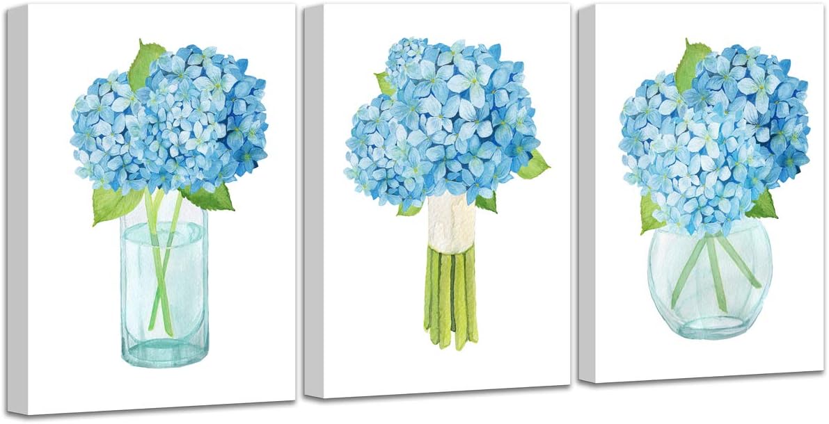 Wall Art for kitchen Blue Hydrangea Nordic Simple Hand Painted Watercolor Decoration Bathroom Restaurant Style Family Gathers Here and Forever Home Vase Floral Canvas Prints Artwork :12"x16"inch