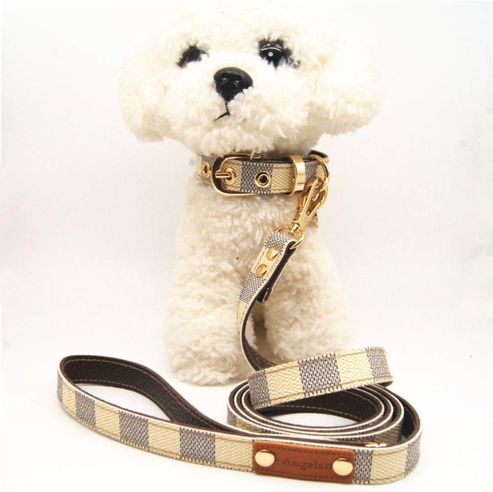 Upone Pet Classic Teddy Pomeranian Dog Leash, Collar & Leash Gold Metal Color and Brown Color Leash