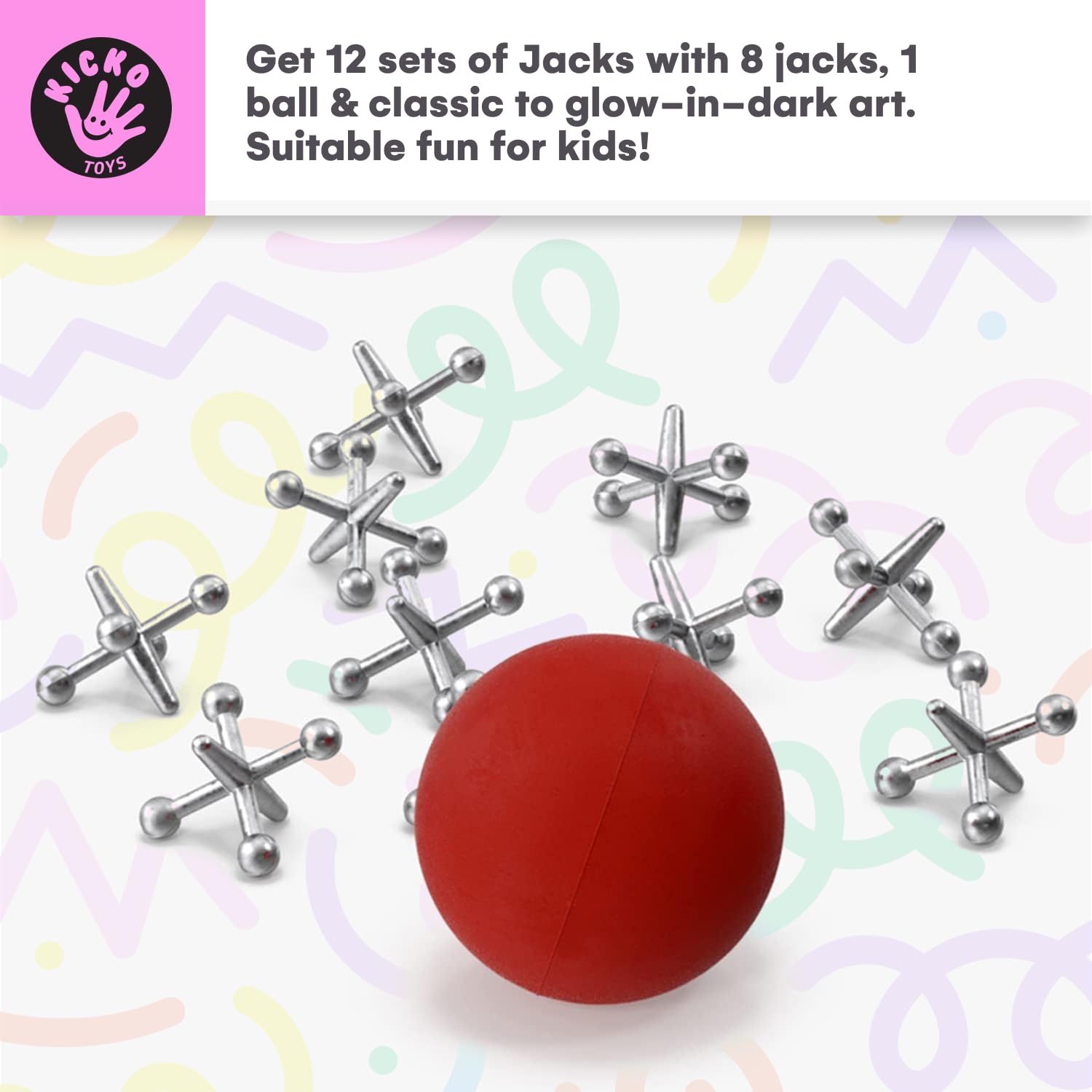 Kicko Metal Jacks Set - 12 Sets per Order - Metallic Jacks and Bouncy Ball Set - for Party Favors, Game Prizes, Kids' Activities, Loot Bag Fillers, Halloween, Easter, Birthday Parties