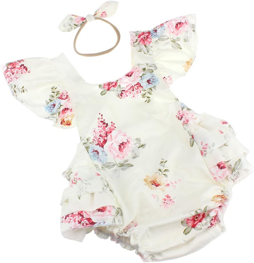 Luckikikids Baby Girls Cotton Vintage Floral Ruffle Rompers Clothing Headband Set
