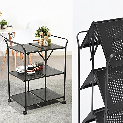 3-Tier Rolling Serving Cart Foldable Utility Kitchen Trolley Storage Space Saving Food Cart Mobile Metal Frame Indoor and Outdoor Cart, Black