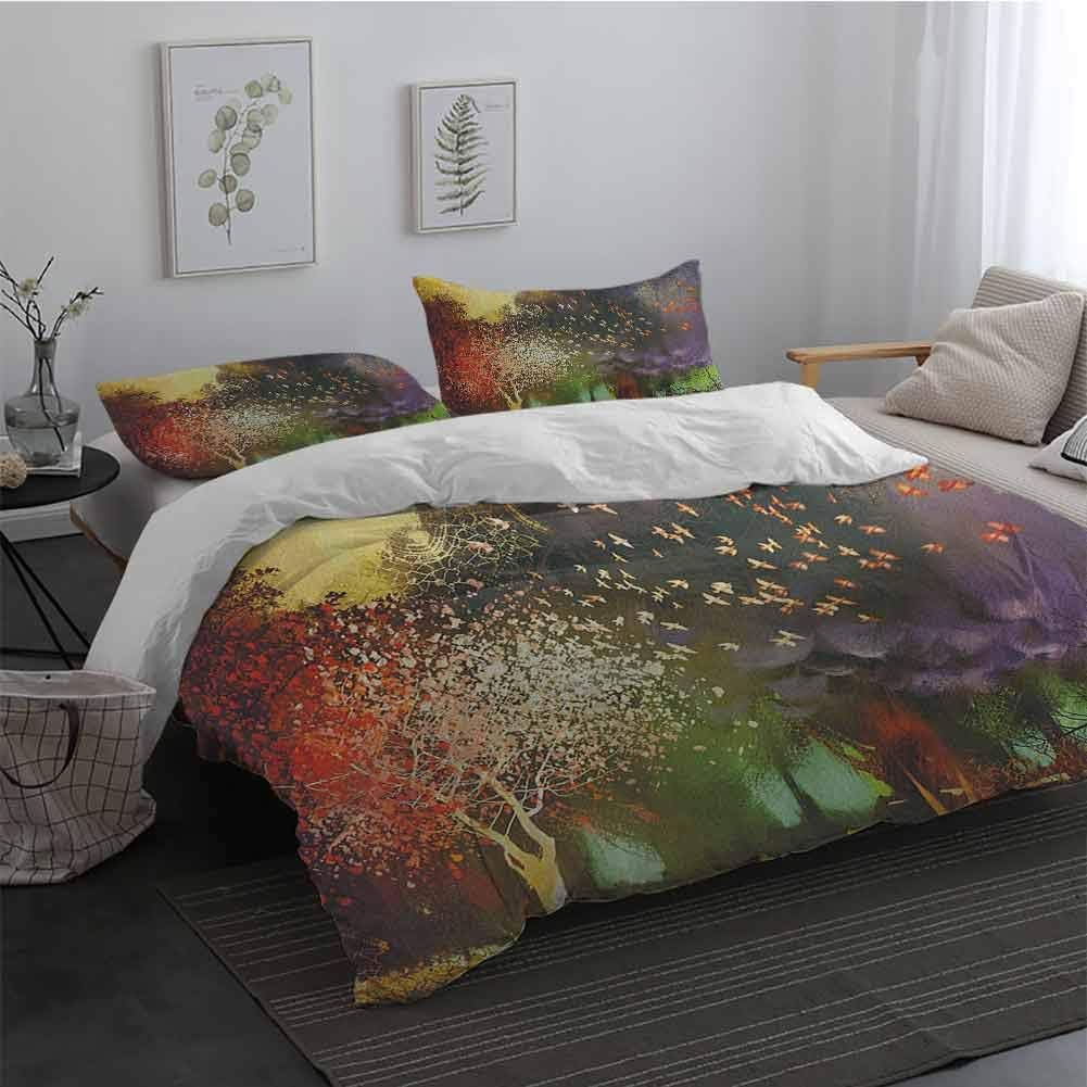 Sheet Set Microfiber Bedding Fantasy Fairy Forest with Mysterious Trees and Birds Supernatural Vivid Wonder World Bedding Set for Men, Women, Boys and Girls Yellow Purple Queen