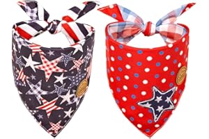 CROWNED BEAUTY 4th of July Patriotic Dog Bandanas Reversible Large 2 Pack, American Stars Set, Plaid Adjustable Triangle Holiday Scarves for Medium Large Extra Large Dogs Boy Girl Pets DB118-L