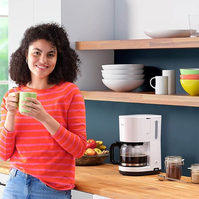 Casa Pequeno-Almoço1 Cafeteira com Filtro, AromaCafe, Sistema OptiBrew, Desligamento Automático, Máquina de Café até 10 Chávenas, Garrafa de Vidro Apta para Máquina de Lavar Loiça, 1000W, Branca, KF1100WH