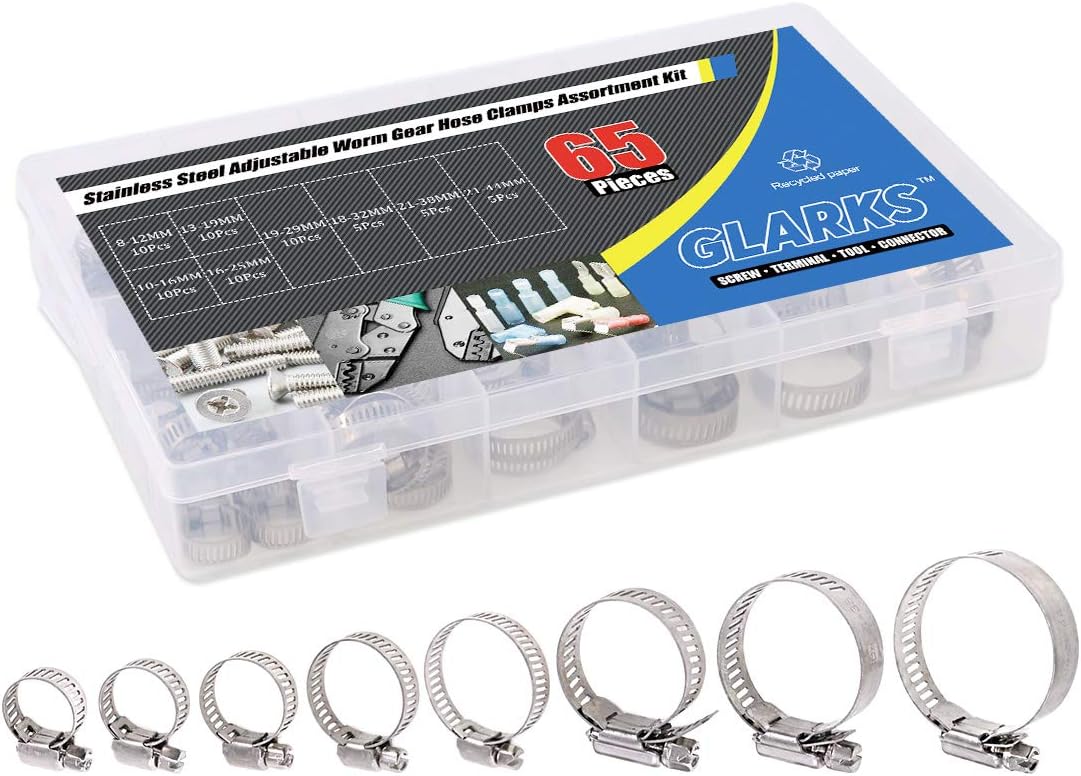 Glarks 65-Pieces 304 Stainless Steel Adjustable 8-44mm Range Worm Gear Hose Clamps Assortment Kit, Fuel Line Clamp for Water Pipe, Plumbing, Automotive and Mechanical Application - - 