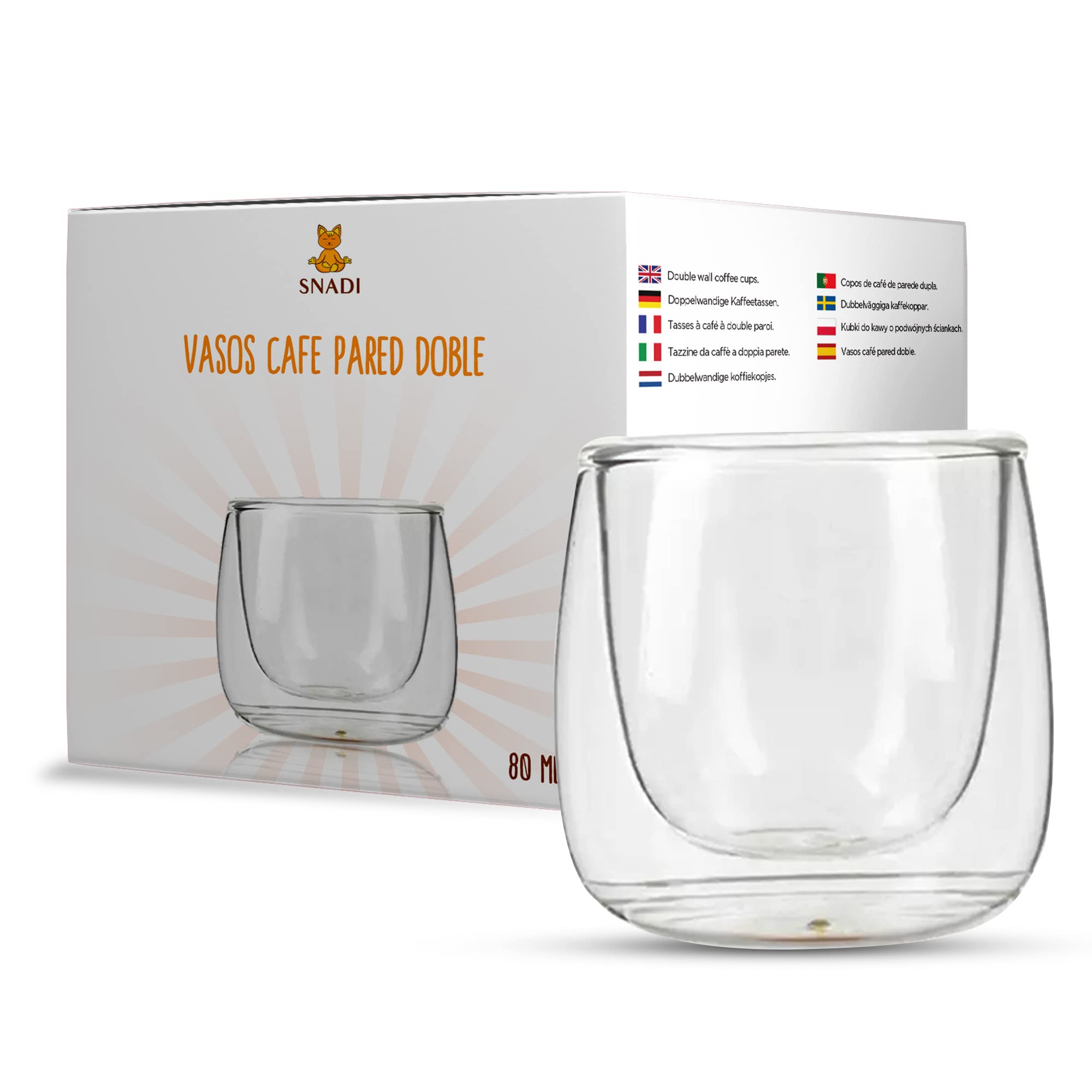 Pack of 4 Double-walled glasses (80 ml), clear borosilicate glass, Glass cups, Coffee Milk Tea Latte Macchiato Shots, Dishwasher safe, Snadi