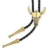 Western Vintage Bolo Tie for Men - Cow Skull Design Cowboy Tie - Black Leather Bolo Necktie Necklace