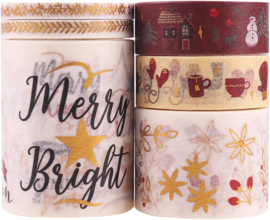 Multi-Pattern Washi Tape, Lychii Christmas Decorative Tape Scrapbook Supplies for DIY, Journals, Daily Planners, Gift Wrapping, Office Party Supplies (6 Roll B)