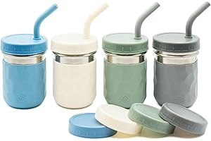 WeeSprout 2-in-1 Drinking Cups for Kids, Durable Stainless Steel Tumbler for Smoothies, Silicone Straws with Stoppers, Premium Plastic Twist Lids, Easy-Grip Sleeves, Set of 4 Dishwasher Safe Kid Cups
