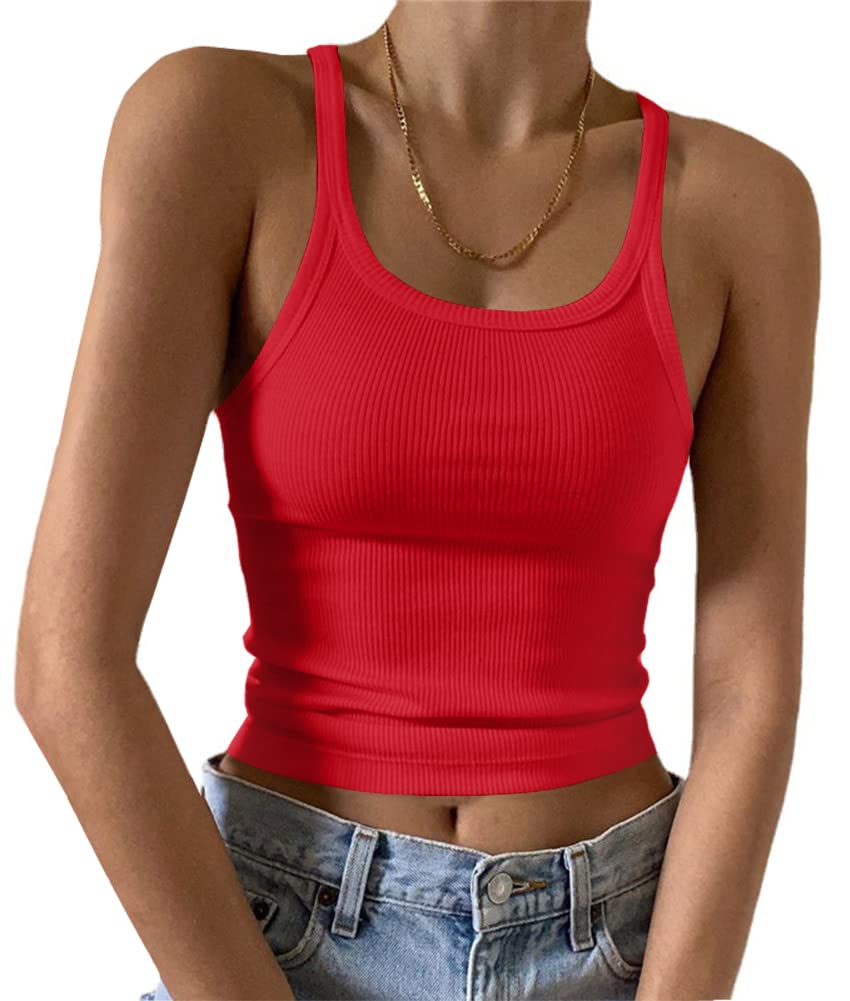 Photo 1 of Artfish Women's Sleeveless Tank Top Form Fitting Scoop Neck Ribbed Knit Basic Cami Tight Fitted Bright Red, XS