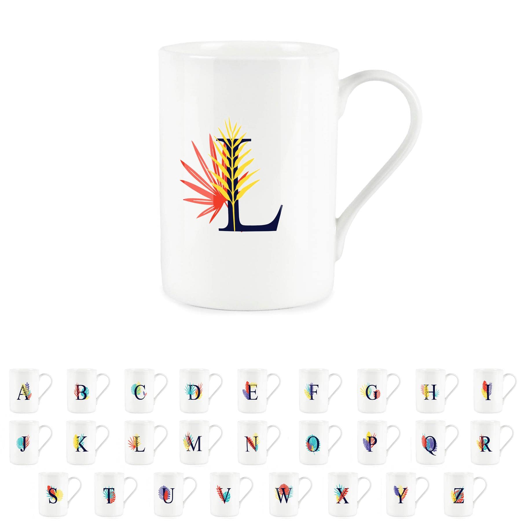Purely Home Tropical Leaves Letter L Mug - Palm Leaf Botanical - Initials Personalised Bone China White Alphabet Mug Coffee/Tea Gift