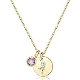 Birth Flower Necklaces for Women, 18K Gold Plated Dainty Birthstone Pendant Necklaces Handmade Birth Month Flower Jewelry Disc Coin Birthday Gifts for Women Girls Teens