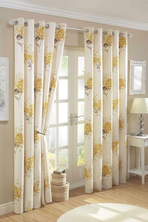Yellow Gold Cream Lined Curtains With Eyelet Ring Tops 66 X 72