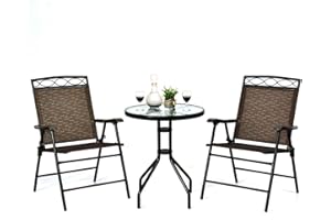 Giantex Patio Dining Set Round Glass Table with 2 Patio Folding Chairs, Outdoor Table and Chairs for Garden, Pool, Backyard, Tempered Glass Tabletop with Umbrella Hole (Brown)