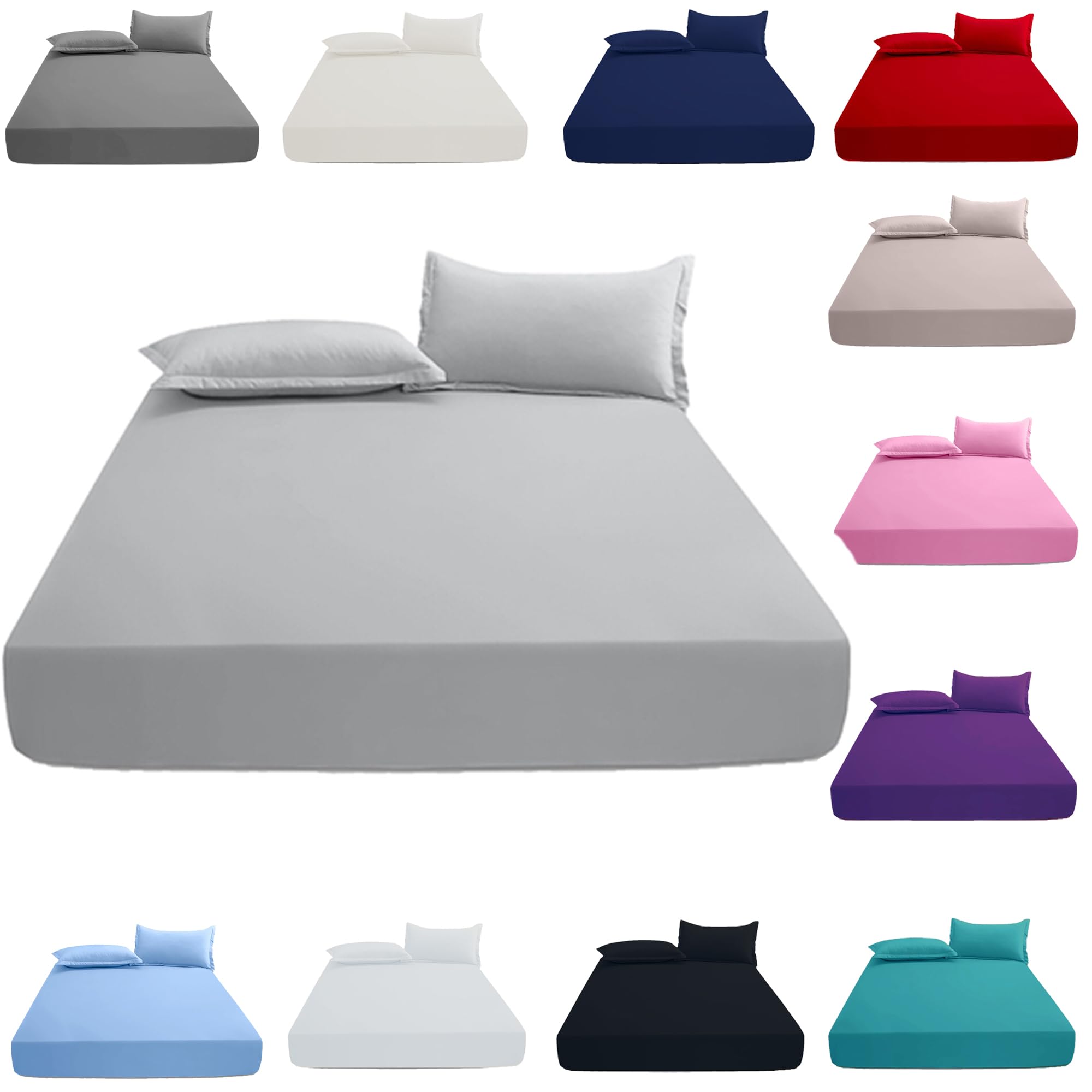 KHIM 100% Cotton 40CM/16inch Extra Deep Fitted Sheet Single, Double, King & Super King Bed Sheets (Silver - King)