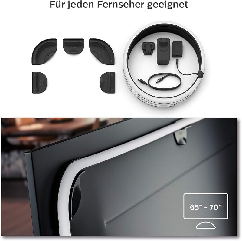 White & Color Ambiance Gradient Lightstrip (65 Zoll), dimmbarer LED Streifen für den Fernseher mit 16 Mio. Farben und Farbverläufen, smarte Heimkino TV Hintergrundbeleuchtung, schwarz