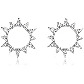 Reffeer Solid 925 Sterling Silver Sun Earrings Stud for Women Teen Girls Hollow Stud Earrings CZ Circle Earrings