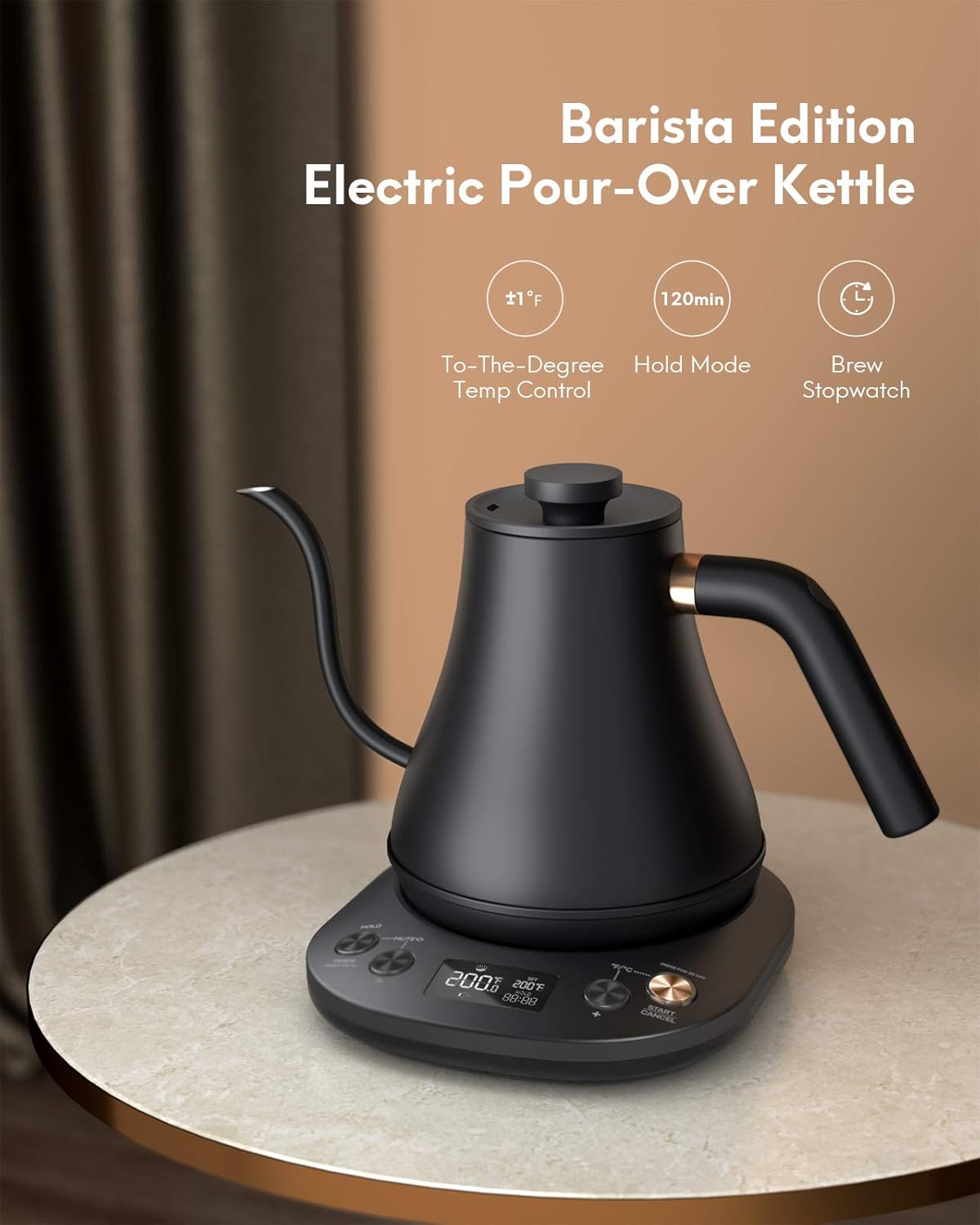Willsence Electric Gooseneck Kettle Temperature Control, Pour Over Kettle for Coffee and Tea, 100% Stainless Steel Inner Lid and Bottom, 1200W Rapid Heating, 0.8L, Built-in Stopwatch, Matte Black: Kitchen & Dining
