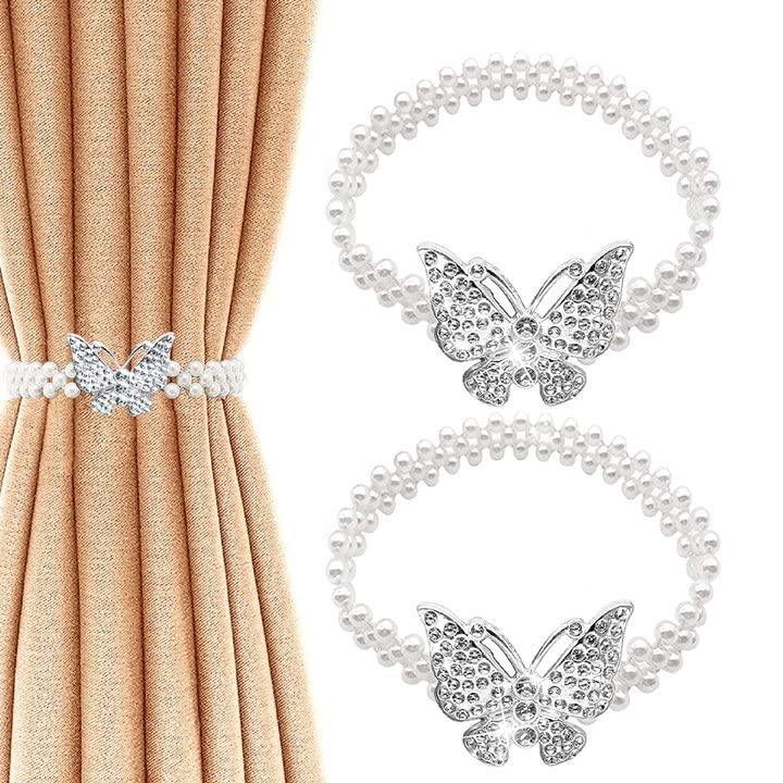 DIKABAO Curtain Tiebacks 2Pcs Butterfly Curtain Clips Adjustable Decorative Alloy Curtain Straps Curtain Holdbacks with Classy Small Pearl Elastic Rope for Home Office Living Room Curtain Decoration