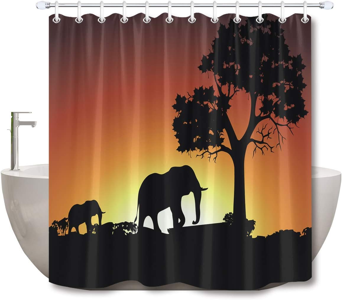 LB Africa Sunset Shower Curtains Animals,Elephant and Tree Patterned Polyester Fabric Extra Long Bath Curtains 180x200cm Waterproof Anti Mould Bathroom Decor Home Accessories with Curtain Hooks