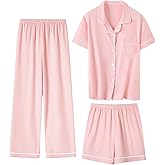 LANKMEI Girls Pajamas Set 3pcs Soft Button-Down Short Sleeve Kids Pjs Loungewear Sleepwear, 5-14 Years