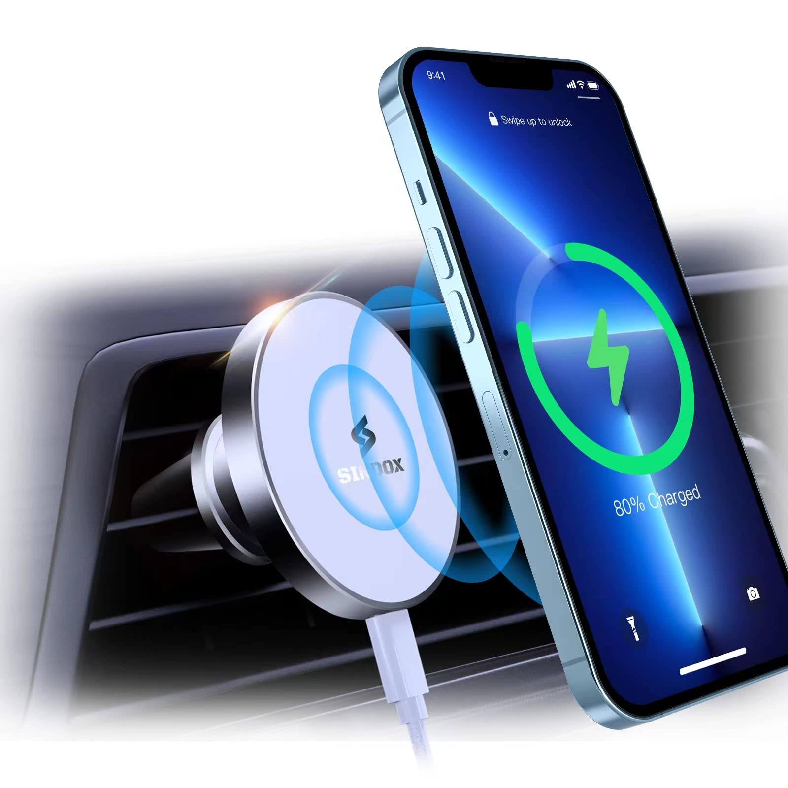 Magnetic Wireless Car Mount Charger - for iPhone 14/13/12 Series, SINDOX Alloy Mag Lock Wireless Car Vent Charger, 360° Adjustable Magnetic Auto Clamping Vent Mount Fast Charging with Magnet