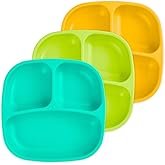 Re-Play Toddler Plates with Dividers - Deep-Walled 3 Compartments Divided Plates for Kids - Dishwasher & Microwave Safe - Made in USA - Set of 3-7.37" x 7.37" x 1.25" - Aqua Asst