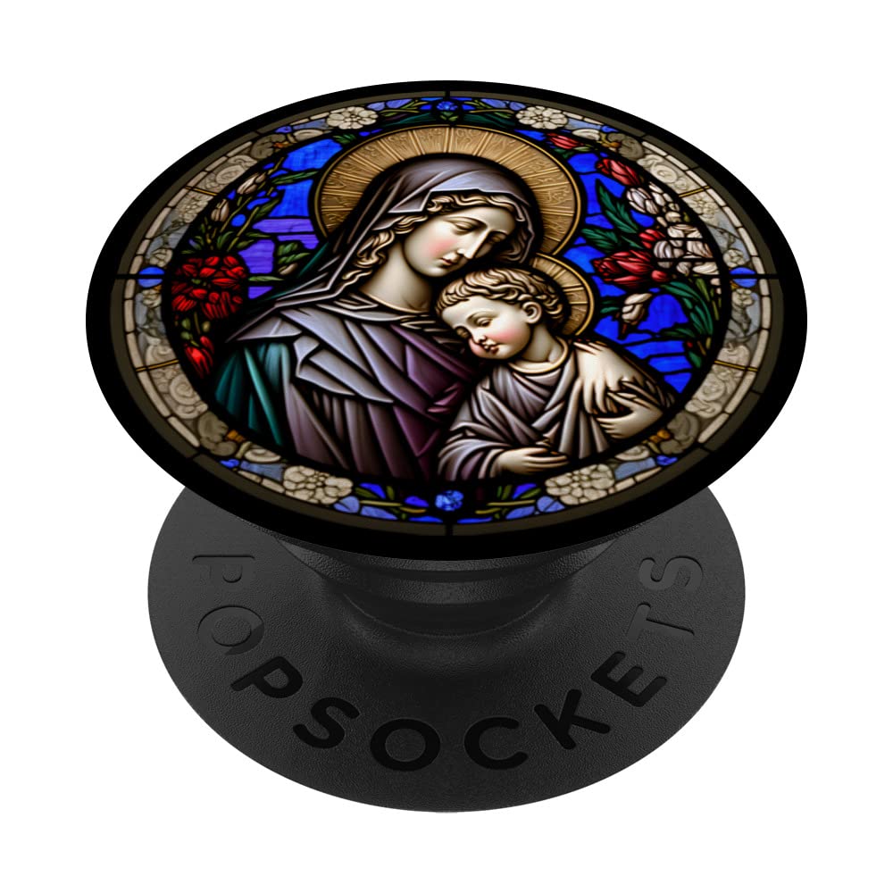 Religious Blessed Virgin Mary and Jesus Stained Glass Design PopSockets Swappable PopGrip