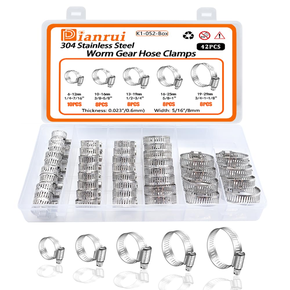 Photo 1 of Dianrui 42 PCS Hose Clamps Assortment Kit 1/4"–1-1/8" (6-29mm) Hose Clamps Stainless Steel 304 Worm Gear Fuel Line Hose Clamp for pipe, Fuel Line, Plumbing, Intercooler, Tube, Automotive and Marine